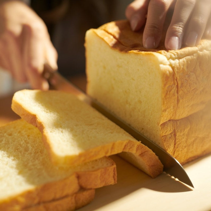 Closeup on hands slicing bread with NAGOMI Bread Knife 205mm by Mitsuboshi Cutlery