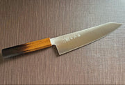 Japanese-style Kiritsuke Santoku Kitchen Knife 21cm crafted by Inoguchi Hamono in Seki, Japan with Japanese Oak handle with gradient brown urushi lacquer