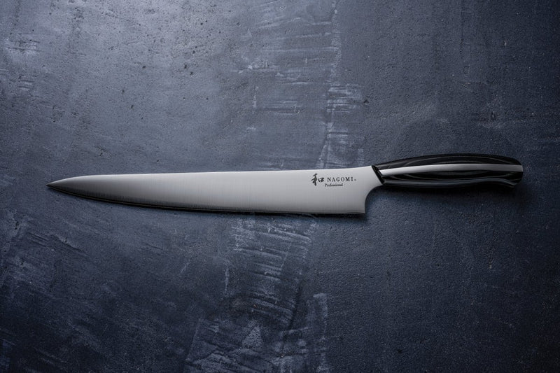 NAGOMI PROFESSIONAL Slicing Knife 240mm crafted by Mitsuboshi Cutlery on grey background