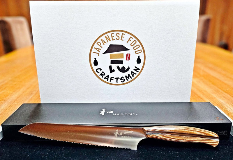 NAGOMI Bread Knife 205mm with black box and white box with Japanese Food Craftsman logo
