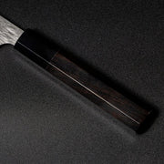 Closeup on ebony handle and buffalo horn ferrule of VG XEOS Petty Knife 16cm by Nigara Hamono