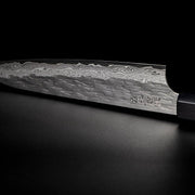 Closeup of engraving, ebony handle and buffalo horn ferrule on VG XEOS Petty Knife 16cm by Nigara Hamono