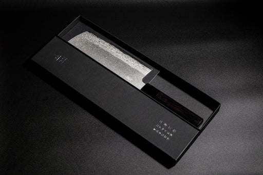 VG XEOS Nakiri Knife 18cm crafted by Nigara Hamono in elegant box on black background