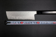 VG XEOS Nakiri Knife crafted by Nigara Hamono next to ruler showing blade measures 18cm