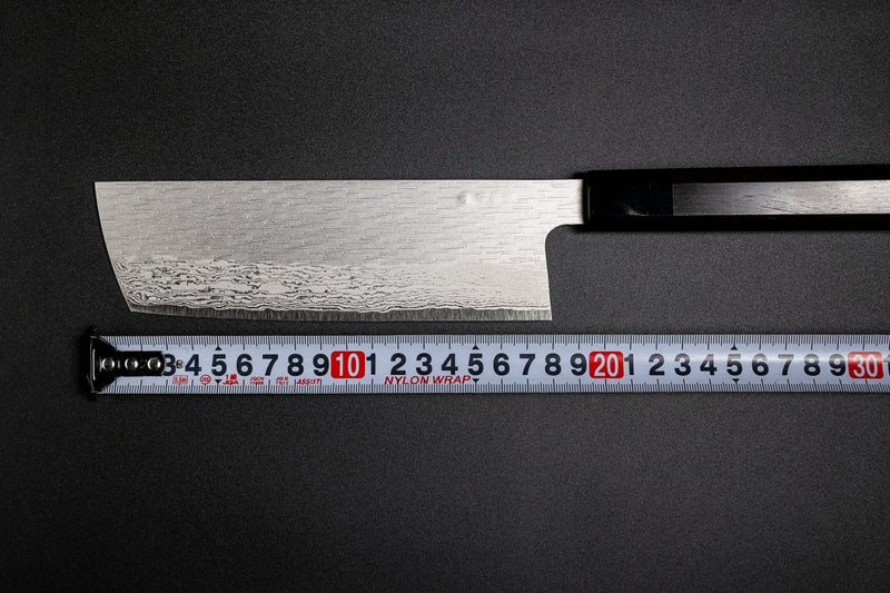 VG XEOS Nakiri Knife crafted by Nigara Hamono next to ruler showing blade measures 18cm