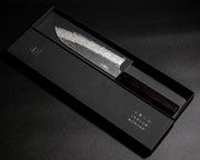 VG XEOS Santoku Knife 18.5cm crafted by Nigara Hamono in elegant box on black background