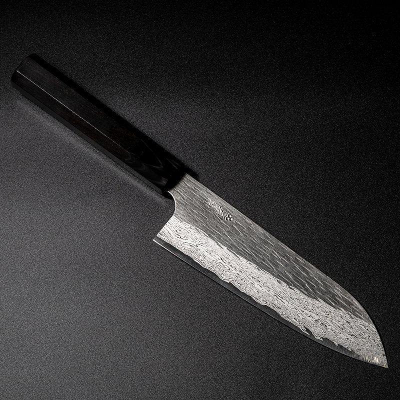 VG XEOS Santoku Knife 18.5cm crafted by Nigara Hamono arranged diagonally 