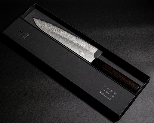 VG XEOS Gyuto Knife 22.5cm crafted by Nigara Hamono in elegant box on black background