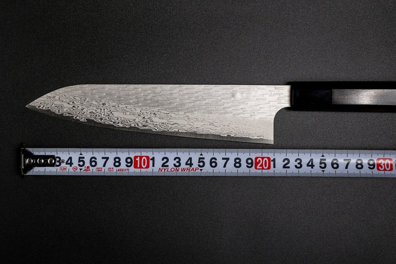 VG XEOS Gyuto Knife crafted by Nigara Hamono with ruler showing the blade measures 22.5cm