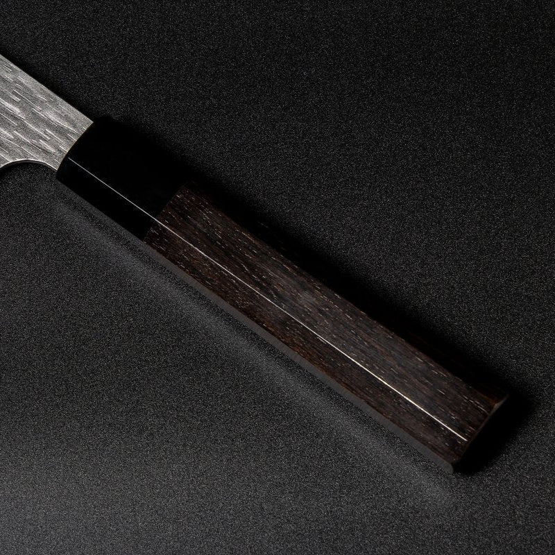 Closeup on ebony handle with buffalo horn ferrule on VG XEOS Gyuto Knife 25.5cm crafted by Nigara Hamono