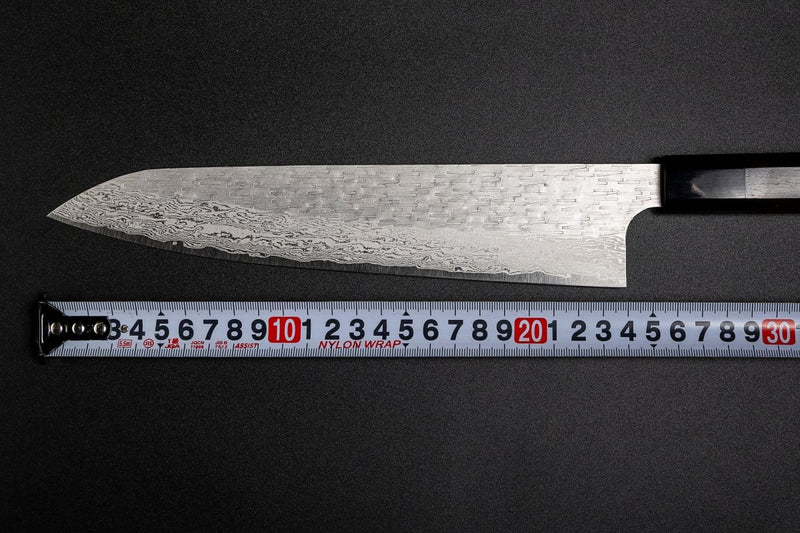 VG XEOS Gyuto Knife crafted by Nigara Hamono with ruler showing that blade measures 25.5cm