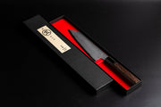 Sakai TAKAYUKI Kiritsuke 180mm by Aoki Hamono in an open box with red inner side and Japanese characters label in the cover