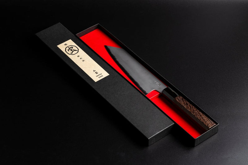 Sakai TAKAYUKI Kiritsuke 180mm by Aoki Hamono in an open box with red inner side and Japanese characters label in the cover