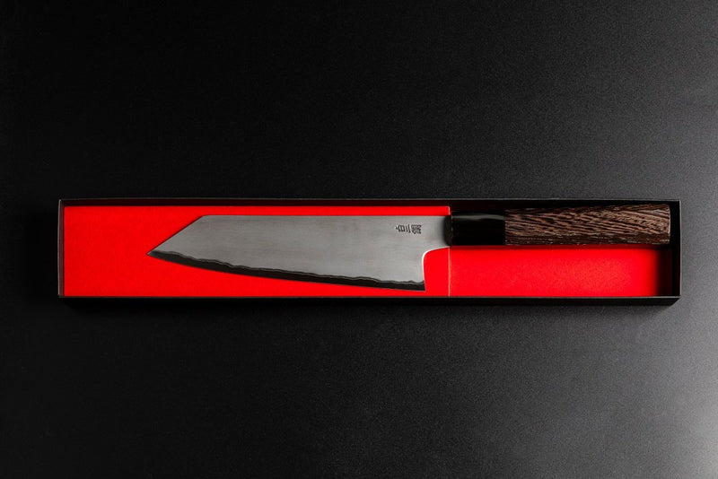 Sakai TAKAYUKI Kiritsuke 180mm by Aoki Hamono inside its open box with a red inside horizontally aligned