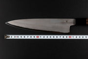Blade of Sakai TAKAYUKI Gyuto 210mm by Aoki Hamono over a measure tape that shows the length of the blade
