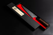 Sakai TAKAYUKI Gyuto 210mm by Aoki Hamono in an open box with red inner side and Japanese characters label in the cover