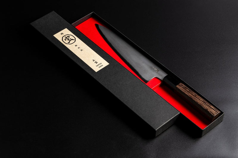 Sakai TAKAYUKI Gyuto 210mm by Aoki Hamono in an open box with red inner side and Japanese characters label in the cover