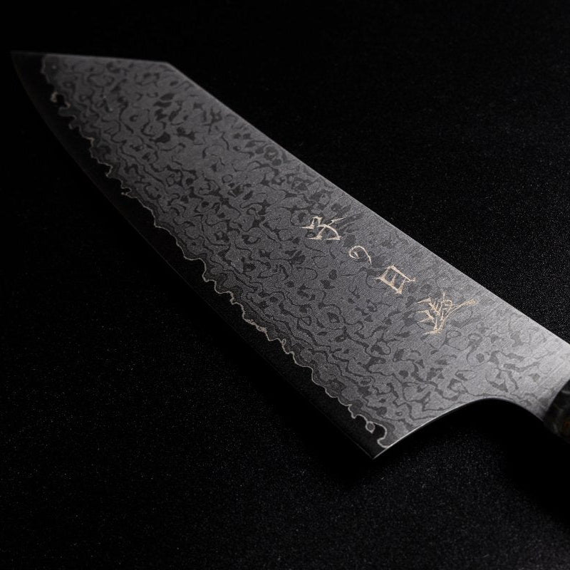 Closeup of front engraving on blade of Omoi Kiritsuke Santoku Kitchen Knife 180mm crafted by Nenohi Cutlery