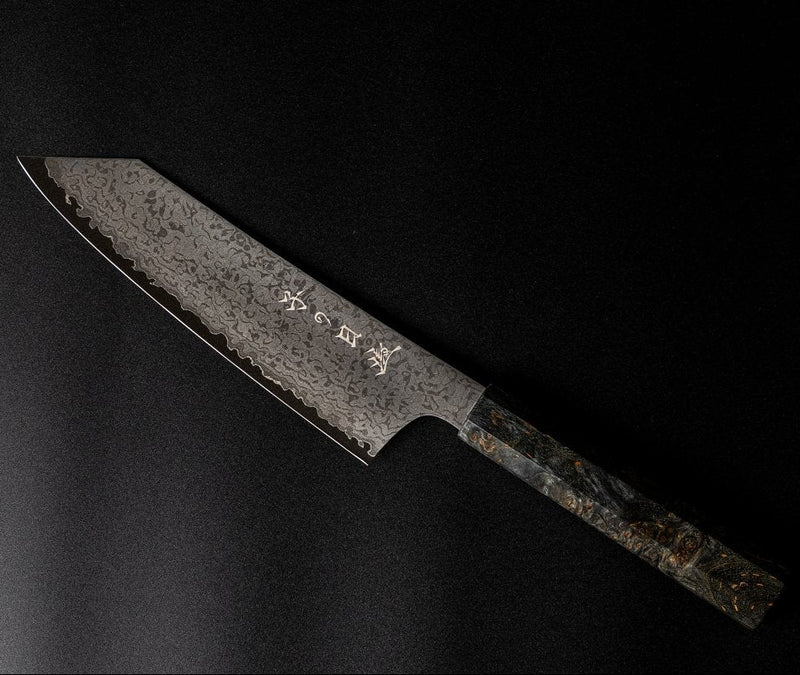 Omoi Kiritsuke Santoku stainless steel Kitchen Knife 180mm crafted by Nenohi Cutlery on black background