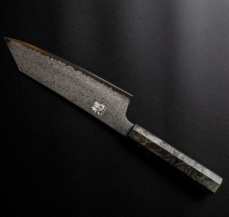 Omoi Kiritsuke Santoku Kitchen Knife 180mm crafted by Nenohi Cutlery on black background with back engraving