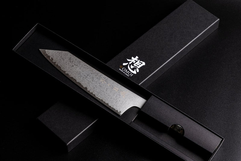 Omoi Kiritsuke Santoku stainless steel Kitchen Knife 180mm crafted by Nenohi Cutlery in decorative box in cross pattern