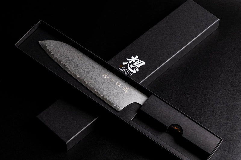 Omoi Santoku stainless steel Kitchen Knife 180mm crafted by Nenohi Cutlery in box in cross pattern
