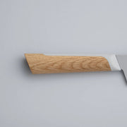 Closeup of the handle of KISEKI Santoku Knife Mizunara Oak variation by Fukuda Hamono