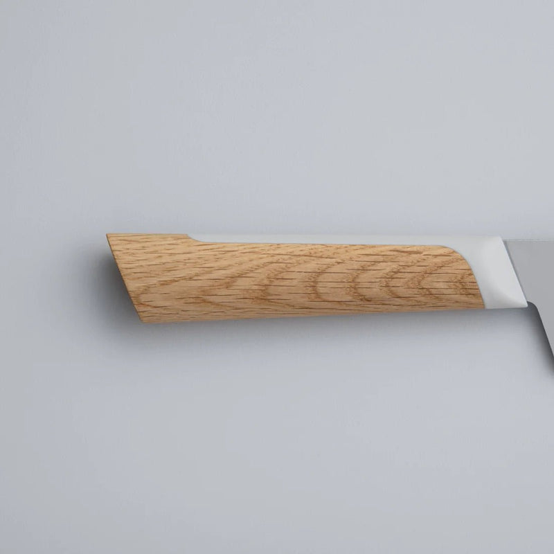 Closeup of the handle of KISEKI Santoku Knife Mizunara Oak variation by Fukuda Hamono