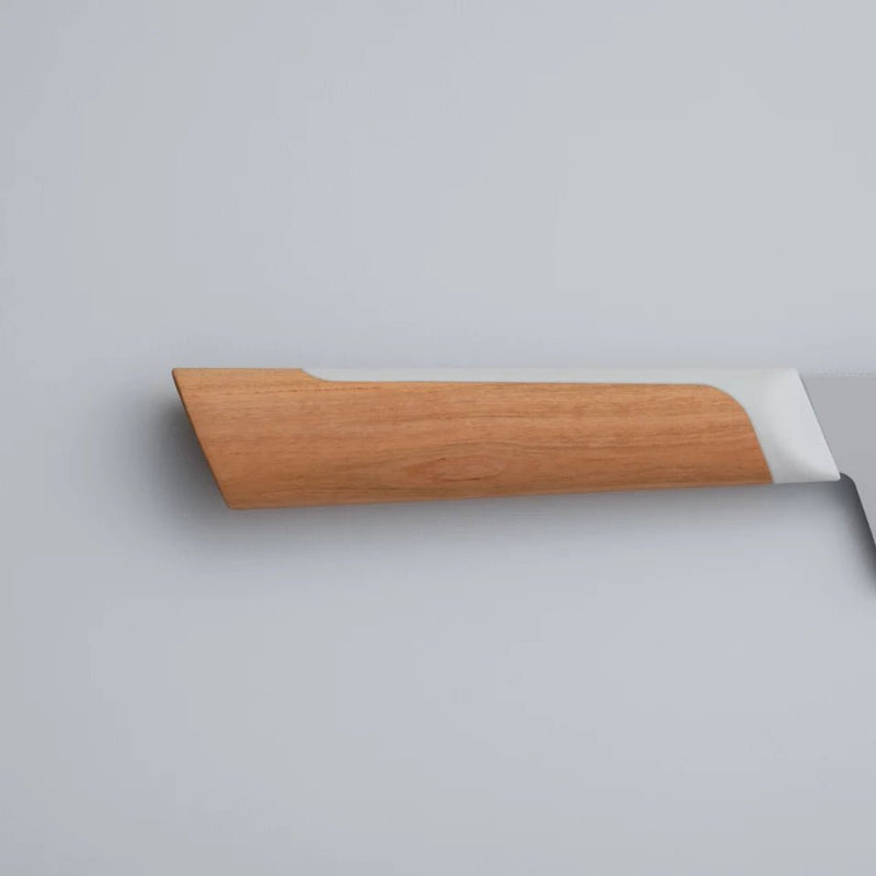 Close up of the handle of KISEKI Santoku Knife Beech variation by Fukuda Hamono