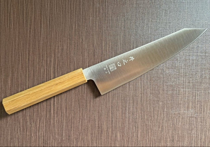 Japanese-style Kiritsuke Santoku Kitchen Knife 21cm crafted by Inoguchi Hamono in Seki, Japan with light brown Japanese Oak handle