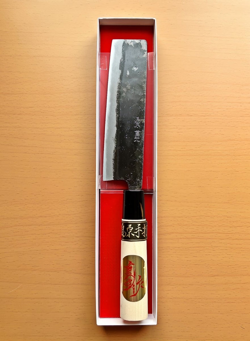 Kurouchi Nakiri Knife 155mm crafted by Shigemitsu Hamono in box with red lining
