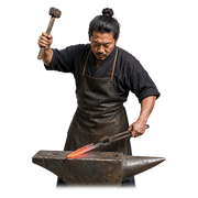 Traditional Japanese blacksmith hammering a blade