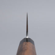 Choil shot of Sakoda Hamono Polished Aogami Super Gyuto 180mm on grey background