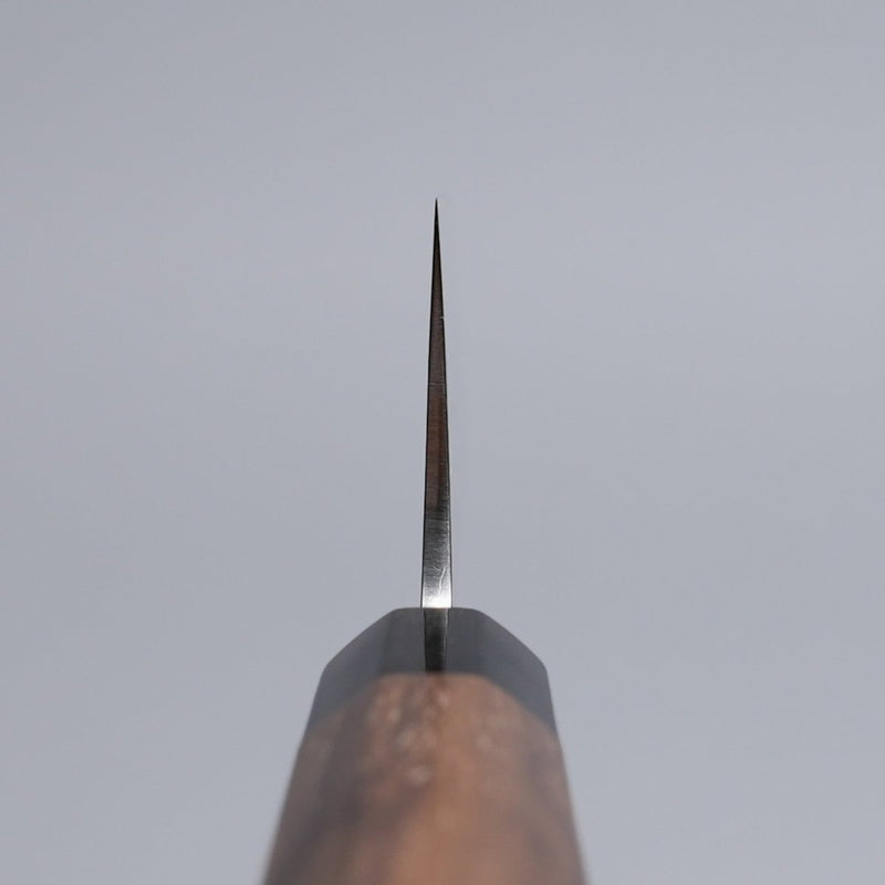 Choil shot of Sakoda Hamono Polished Aogami Super Gyuto 180mm on grey background