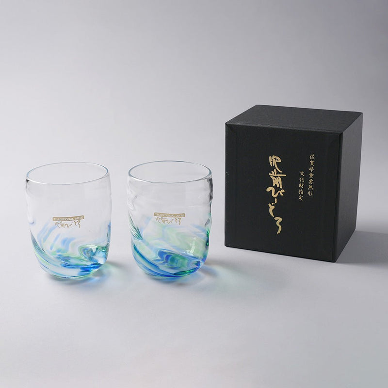 副島硝子 手作りコバルトグリーン波ガラス