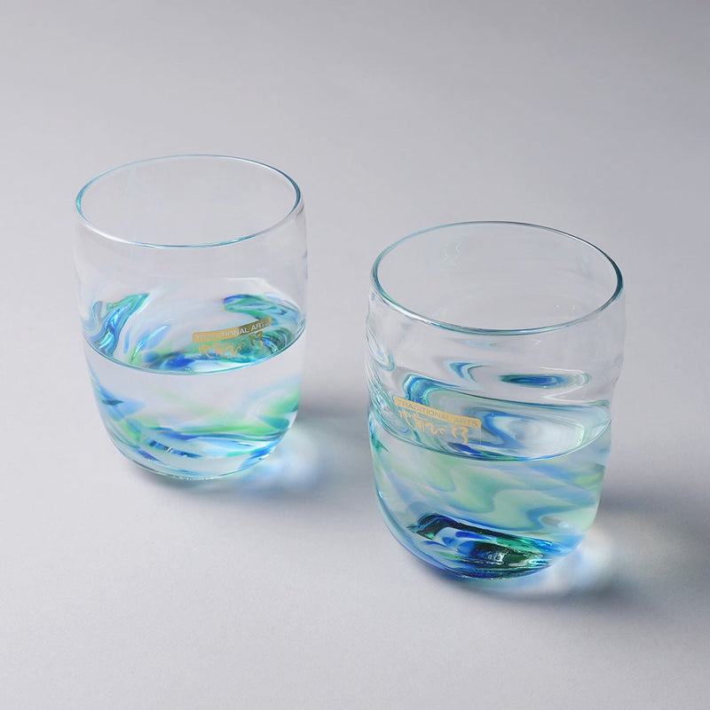 副島硝子 手作りコバルトグリーン波ガラス