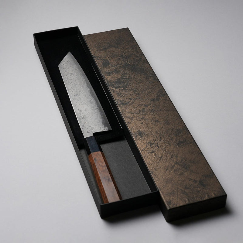Polished Finish Damascus Blue Steel No. 2 Kiritsuke 210mm crafted by Kajihara Hamono in box on grey background