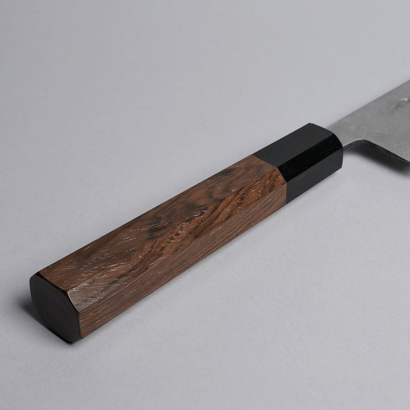Closeup on handle of Polished Finish Damascus Blue Steel No. 2 Kiritsuke 210mm