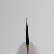 Choil shot of Polished Finish Damascus Blue Steel No. 2 Kiritsuke 210mm on grey background