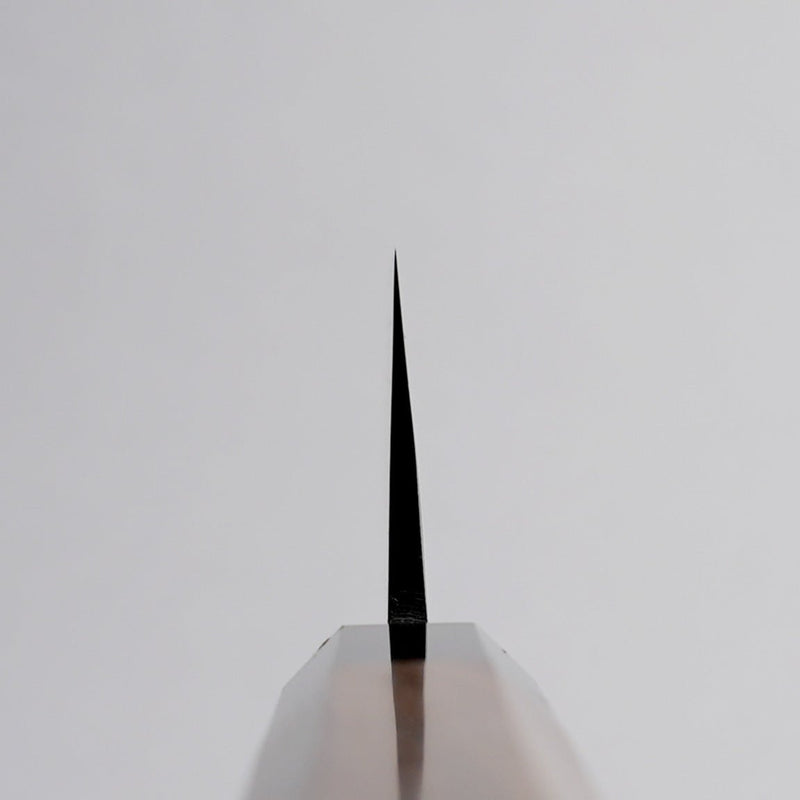 Choil shot of Polished Finish Damascus Blue Steel No. 2 Kiritsuke 210mm on grey background