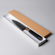 Shirou Kunimitsu Special White Steel Kurouchi Santoku Knife 170mm (Golden Leaf Ebony Handle) in an open box