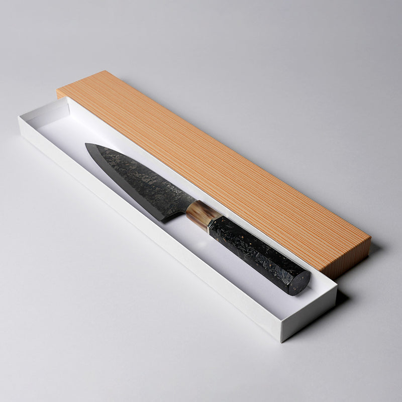Shirou Kunimitsu Special White Steel Kurouchi Santoku Knife 170mm (Golden Leaf Ebony Handle) in an open box