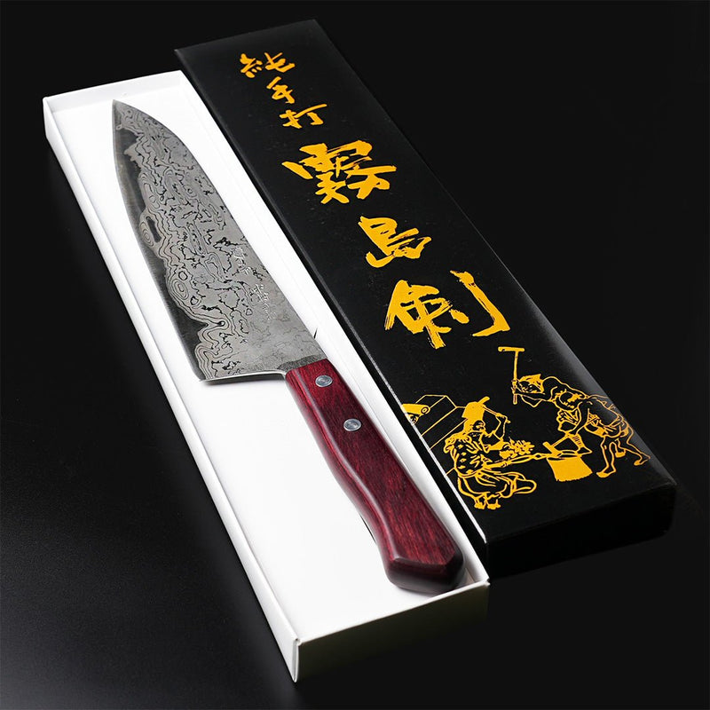 Nakamura Blacksmith Aogami Super Damascus Pattern Gyuto 220mm in its open box with the cover including the brand name in Japanese characters