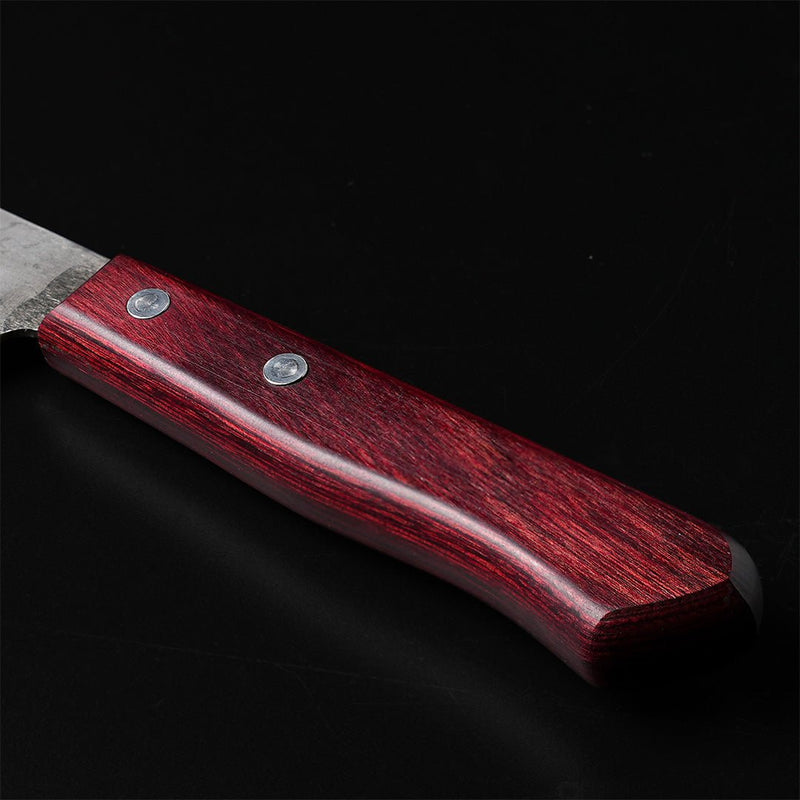 Closeup of the Western style handle of a Nakamura Blacksmith Aogami Super Damascus Pattern Gyuto 220mm
