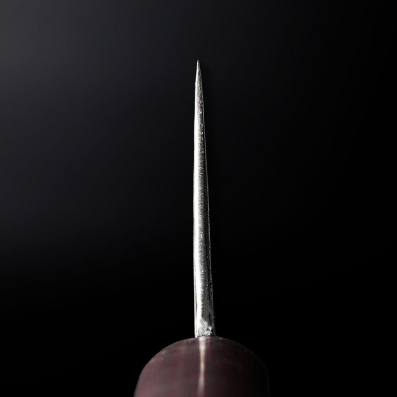 Closeup of the heel thickness of a Nakamura Blacksmith Aogami Super Damascus Pattern Gyuto 220mm