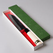 Minomo Blacksmith Santoku Knife 165mm in elegant red lined box with green cover on grey background