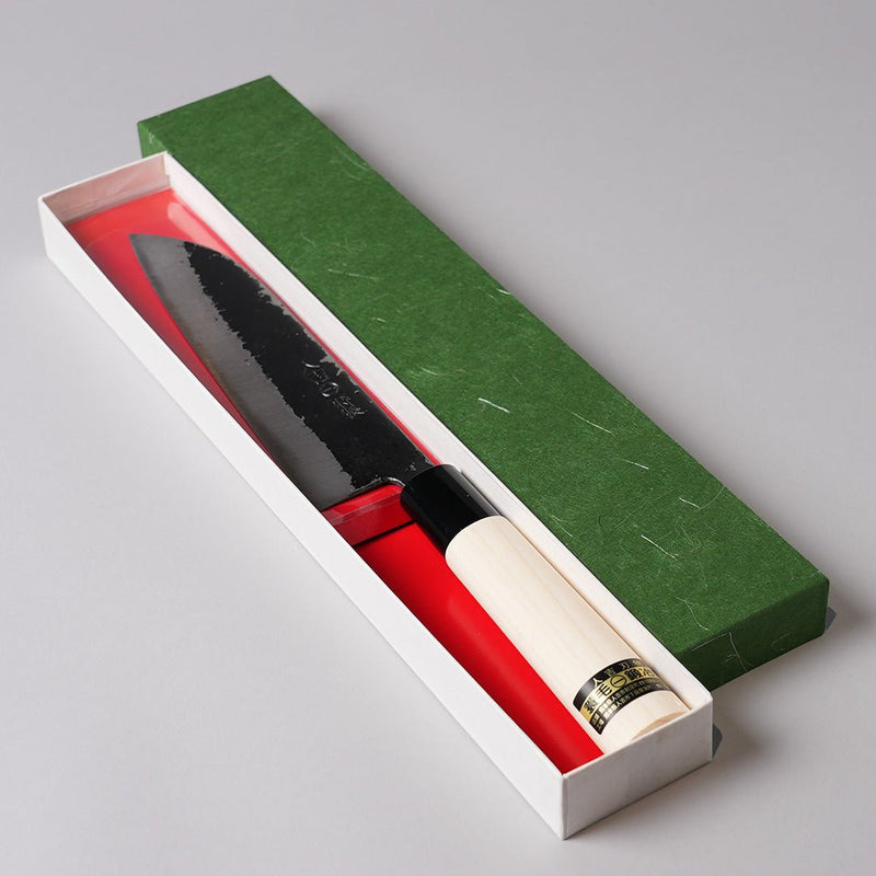 Minomo Blacksmith Santoku Knife 165mm in elegant red lined box with green cover on grey background