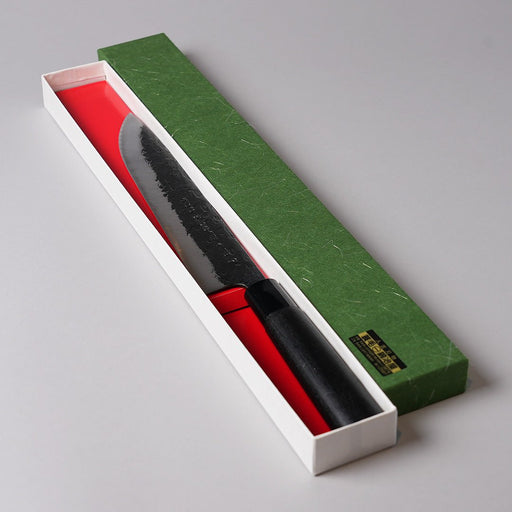 Minomo Blacksmith Kurouchi Gyuto Knife No.9 230mm in an elegant red lined box with green cover on grey background
