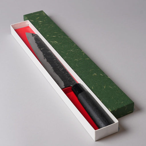 Minomo Blacksmith Bunka Knife 210mm displayed in elegant red lined box with green cover on grey background
