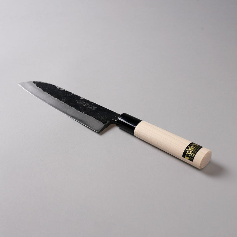 Minomo Blacksmith Santoku Knife 165mm displayed diagonally on grey background